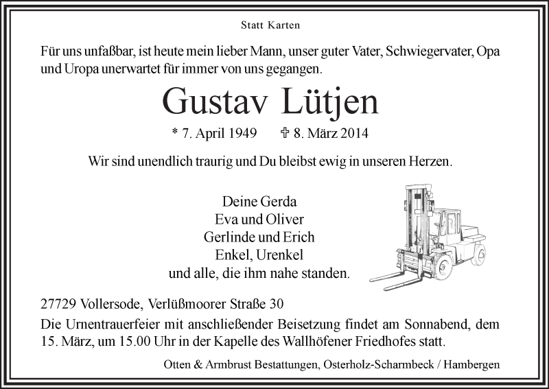 Traueranzeige von Gustav Lütjen von Osterholzer Kreisblatt