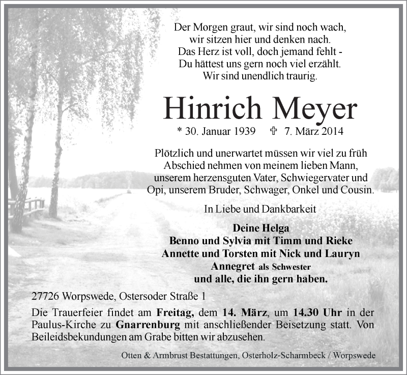 Traueranzeige von Hinrich Meyer von Wuemme Zeitung