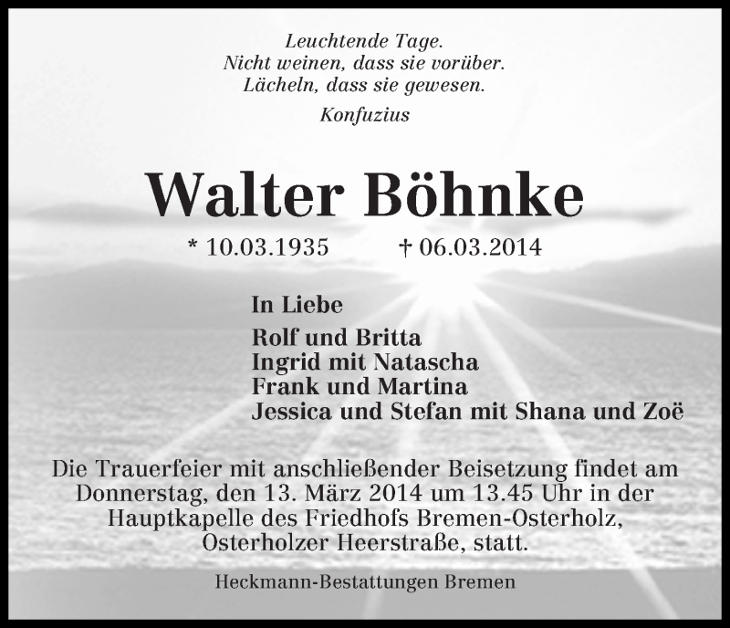 Traueranzeige von Walter Böhnke von WESER-KURIER