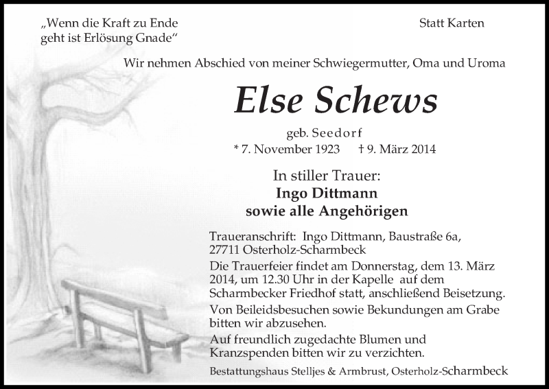Traueranzeige von Else Schews von Osterholzer Kreisblatt