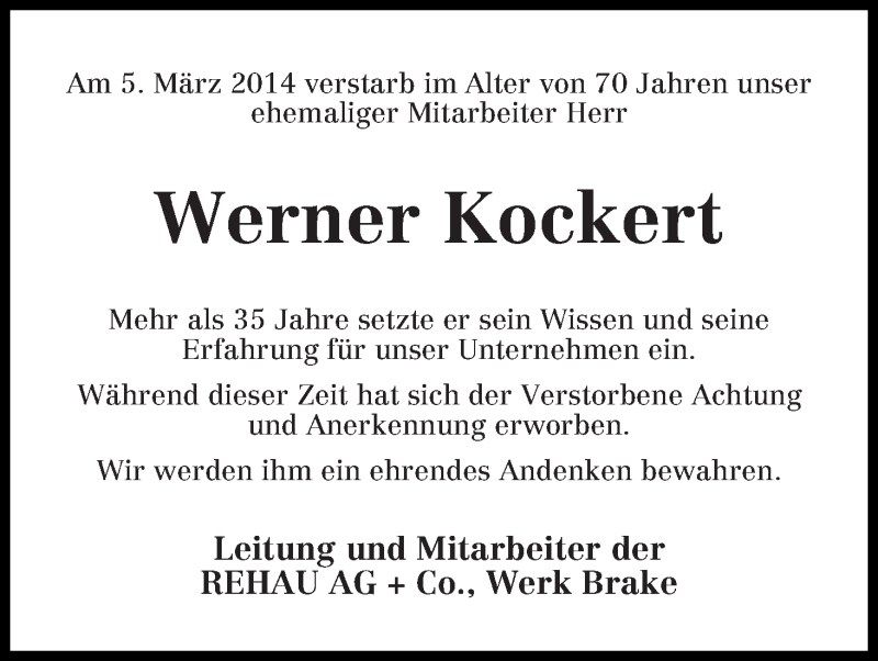 Traueranzeige von Werner Kockert von Osterholzer Kreisblatt