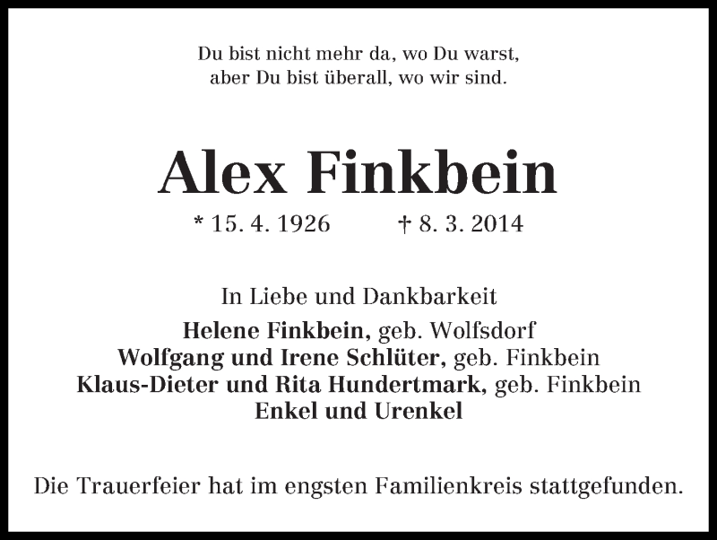 Traueranzeige von Alex Finkbein von WESER-KURIER