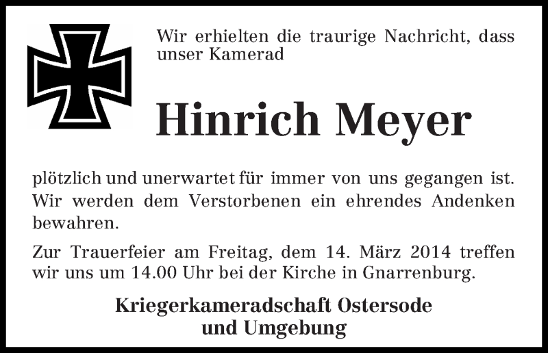 Traueranzeige von Hinrich Meyer von Osterholzer Kreisblatt