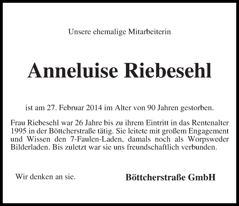 Traueranzeige von Anneluise Riebesehl von WESER-KURIER