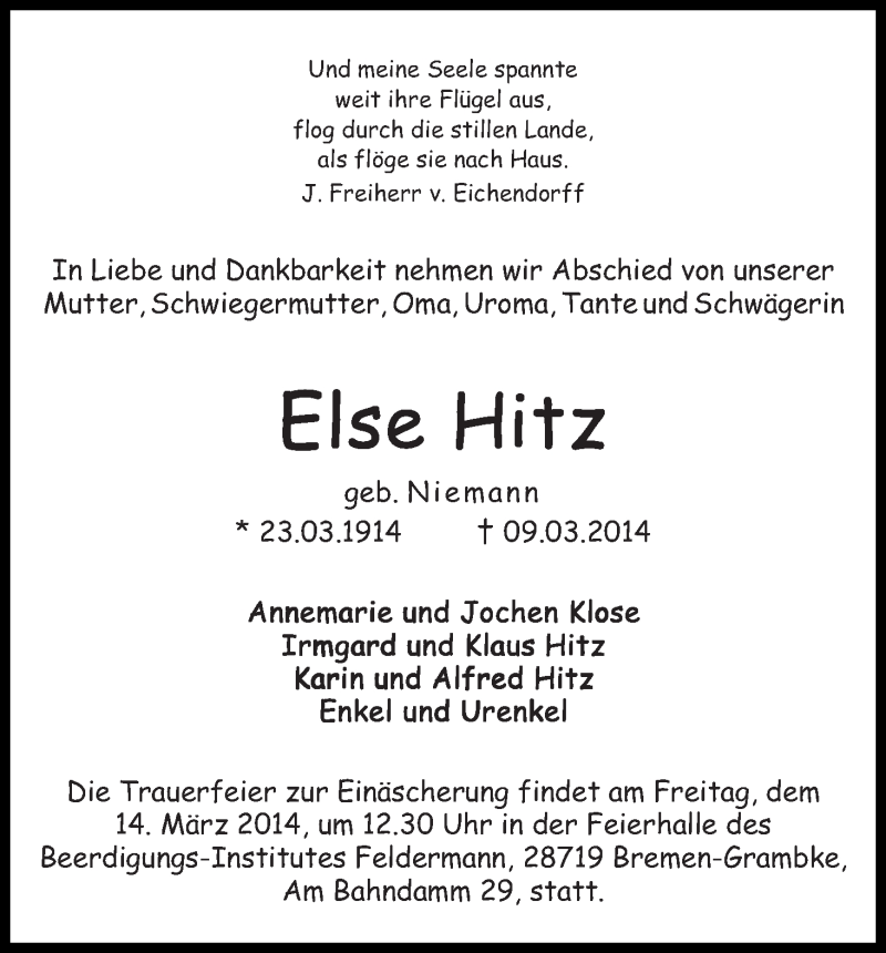 Traueranzeige von Else Hitz von WESER-KURIER