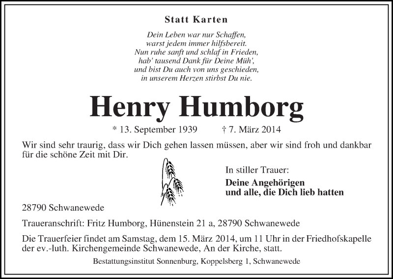 Traueranzeige von Henry Humborg von Die Norddeutsche