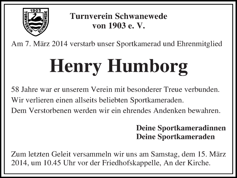 Traueranzeige von Henry Humborg von Die Norddeutsche