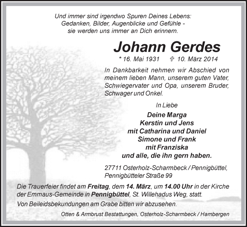 Traueranzeige von Johann Gerdes von Osterholzer Kreisblatt