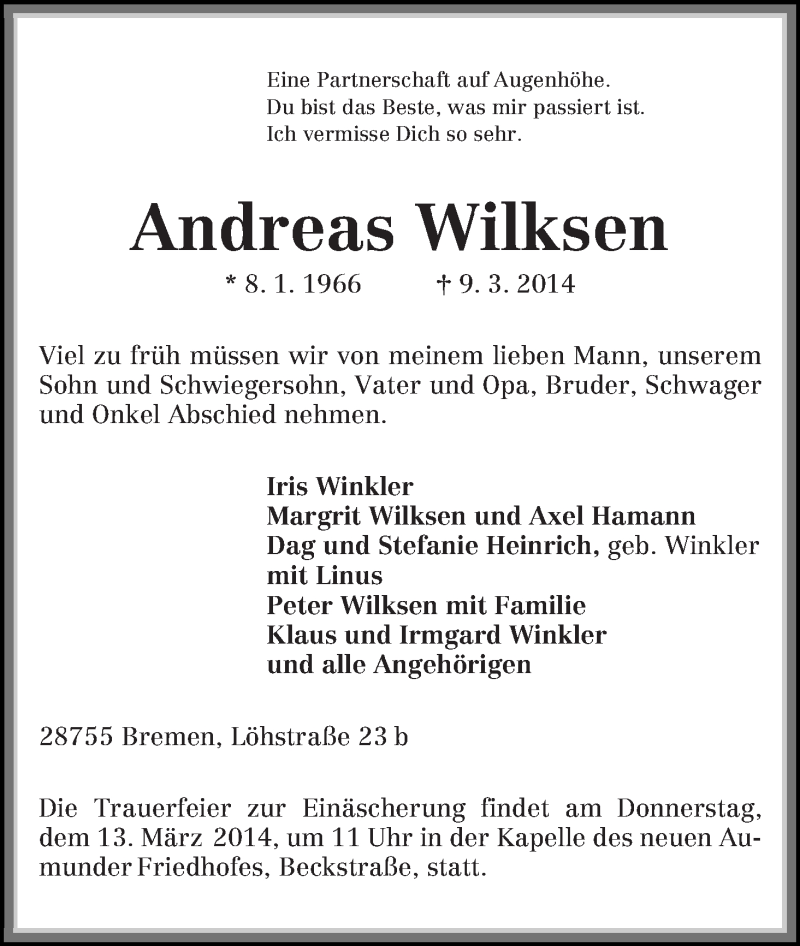 Traueranzeige von Anderas Wilksen von Die Norddeutsche