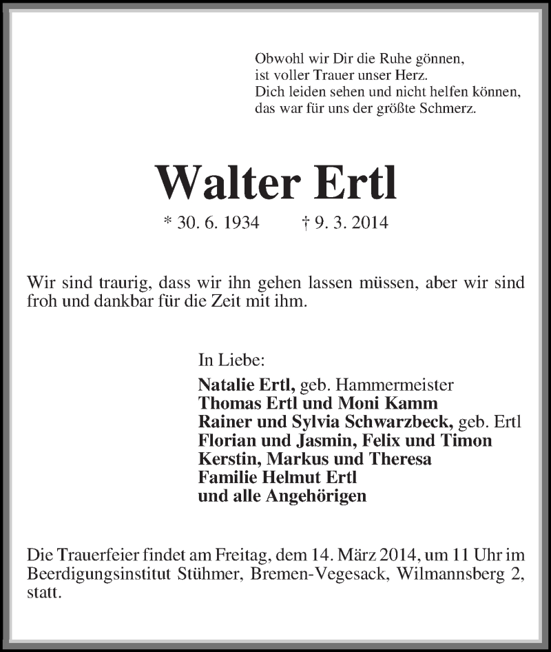 Traueranzeige von Walter Ertl von Die Norddeutsche