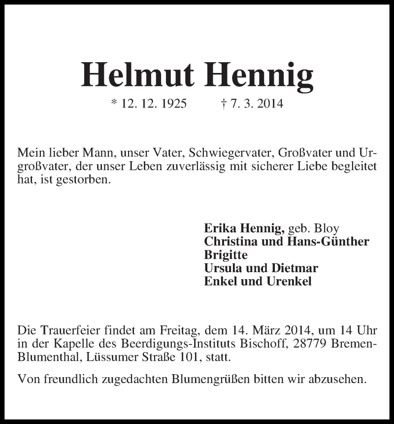 Traueranzeige von Helmut Hennig von Die Norddeutsche