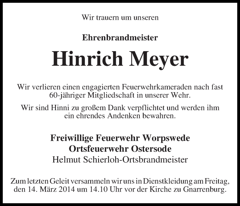 Traueranzeige von Hinrich Meyer von Wuemme Zeitung