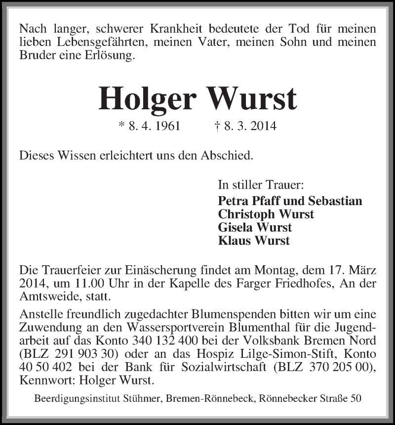 Traueranzeige von Holger Wurst von Die Norddeutsche