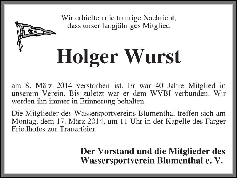 Traueranzeige von Holger Wurst von Die Norddeutsche