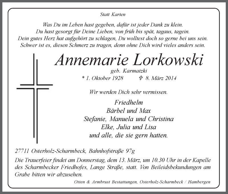 Traueranzeige von Annemarie Lorkowski von Osterholzer Kreisblatt