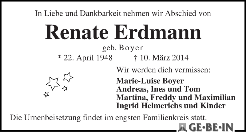 Traueranzeige von Renate Erdmann von WESER-KURIER
