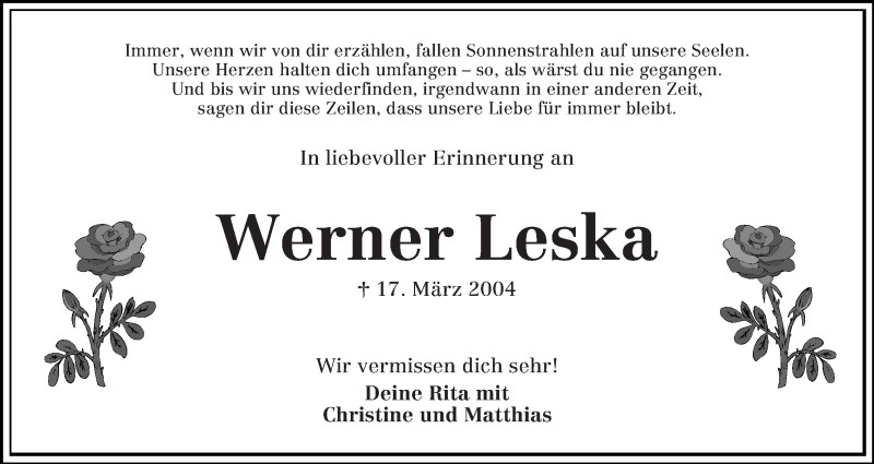  Traueranzeige für Werner Leska vom 17.03.2014 aus Regionale Rundschau/Syker Kurier