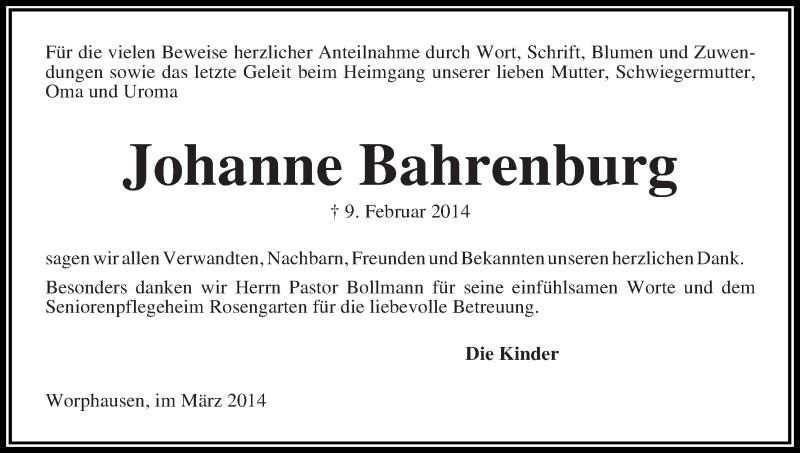 Traueranzeige von Johanne Bahrenburg von Wuemme Zeitung
