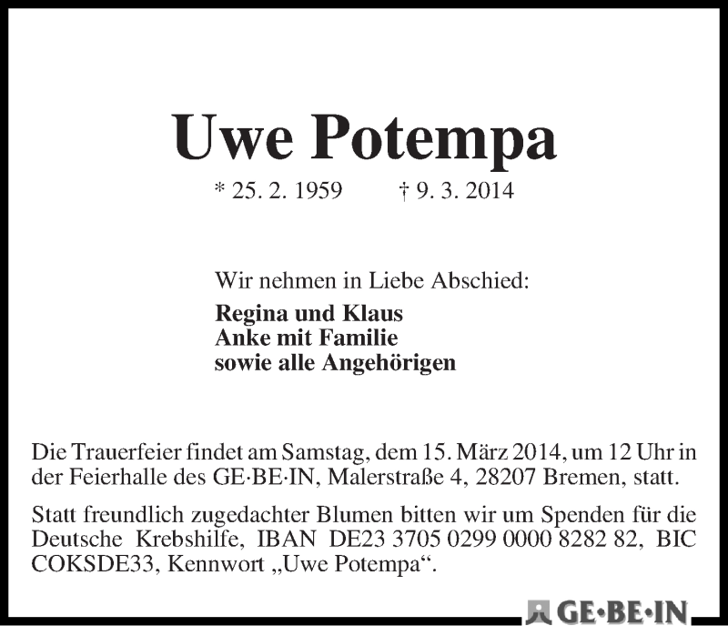 Traueranzeige von Uwe Potempa von WESER-KURIER