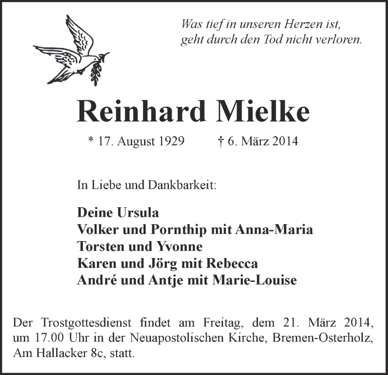 Traueranzeige von Reinhard Mielke von WESER-KURIER