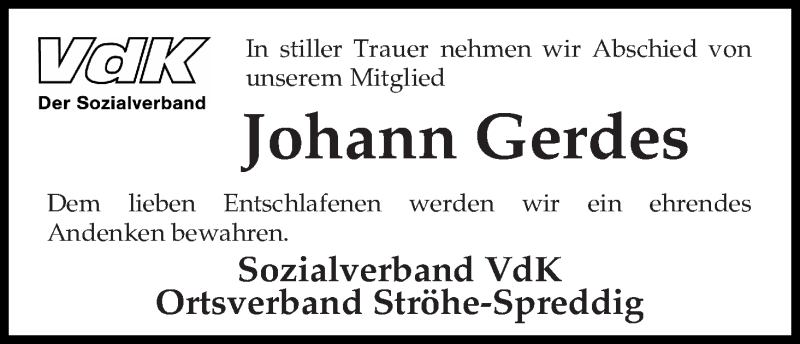 Traueranzeige von Johann Gerdes von Osterholzer Kreisblatt