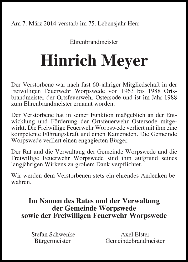 Traueranzeige von Hinrich Meyer von Wuemme Zeitung