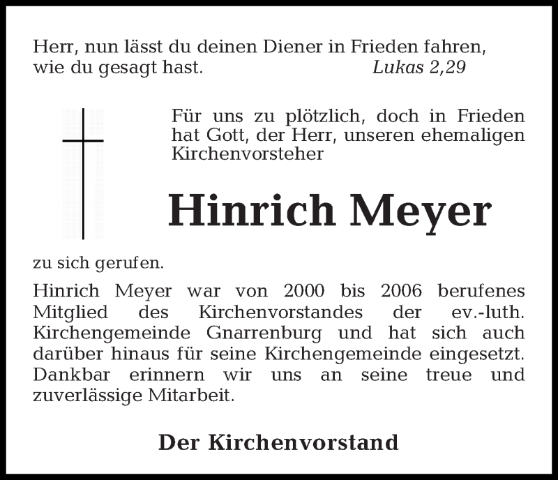 Traueranzeige von Hinrich Meyer von Wuemme Zeitung