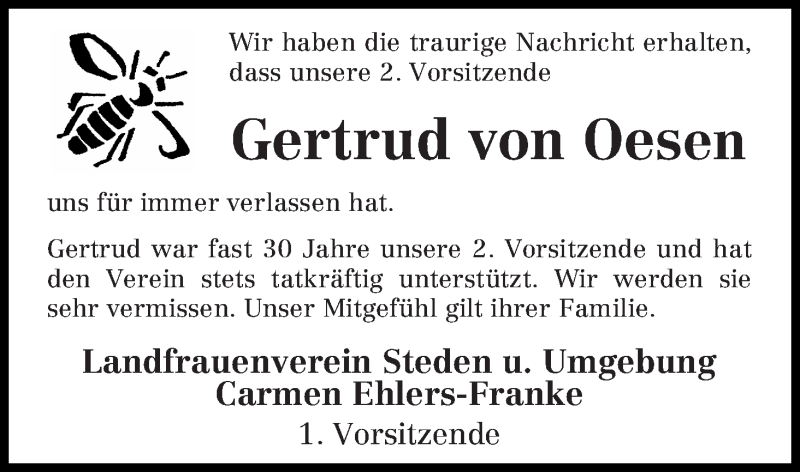 Traueranzeige von Gertrud von Oesen von Osterholzer Kreisblatt