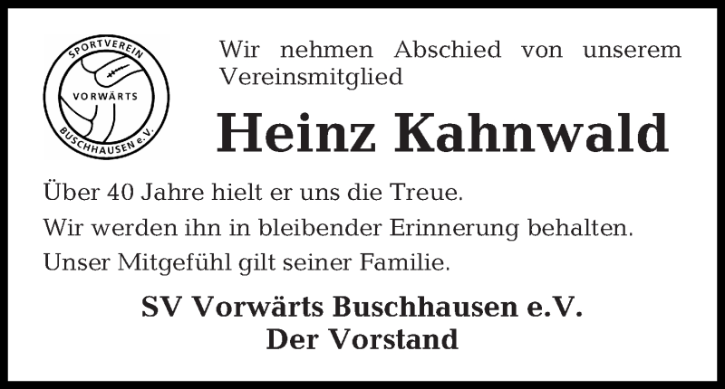 Traueranzeige von Heinz Kahnwald von Osterholzer Kreisblatt