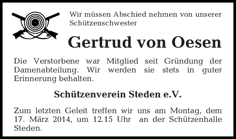 Traueranzeige von Gertrud von Oesen von Osterholzer Kreisblatt