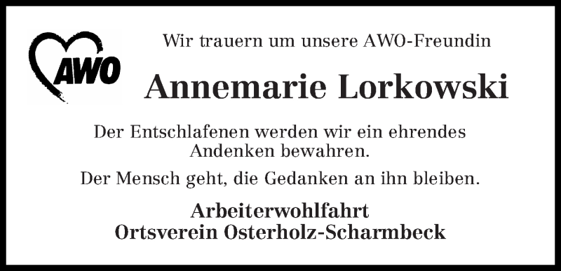 Traueranzeige von Annemarie Lorkowski von Osterholzer Kreisblatt