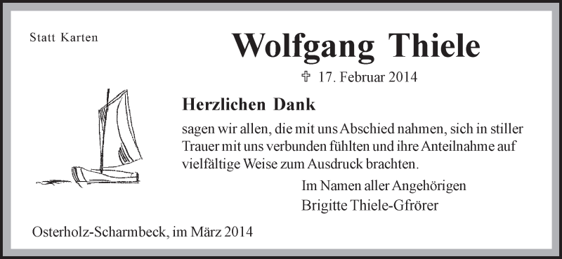 Traueranzeige von Wolfgang Thiele von Osterholzer Kreisblatt