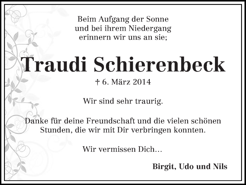 Traueranzeige von Traudi Schierenbeck von Achimer Kurier/Verdener Nachrichten