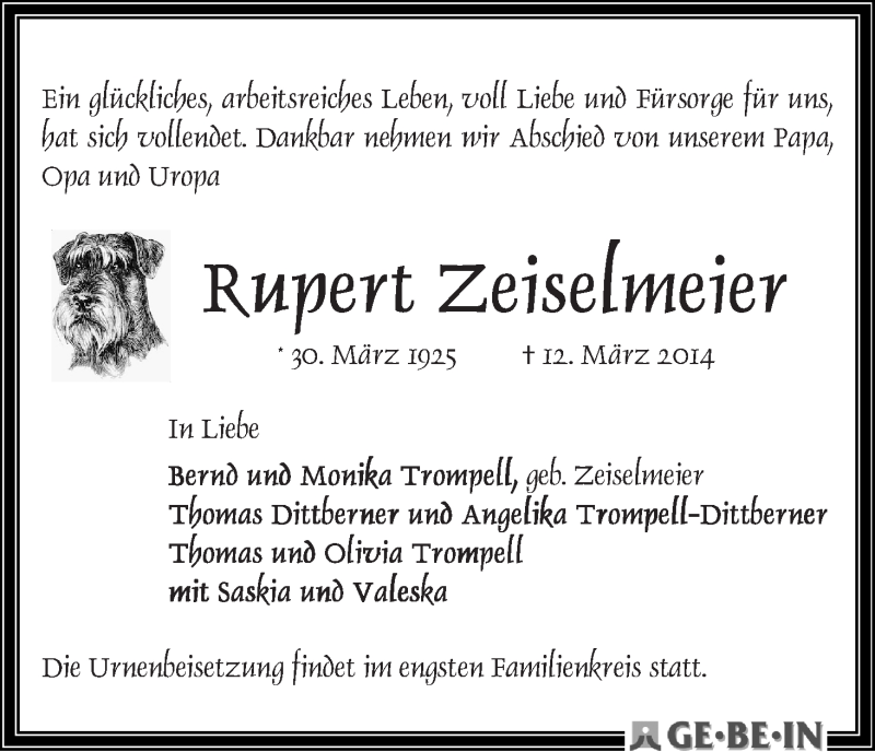 Traueranzeige von Rupert Zeiselmeier von WESER-KURIER