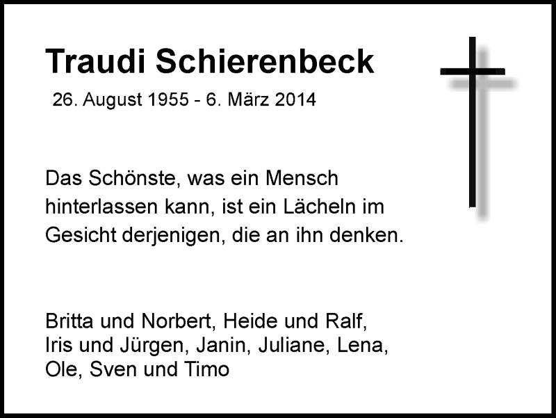 Traueranzeige von Traudi Schierenbeck von WESER-KURIER
