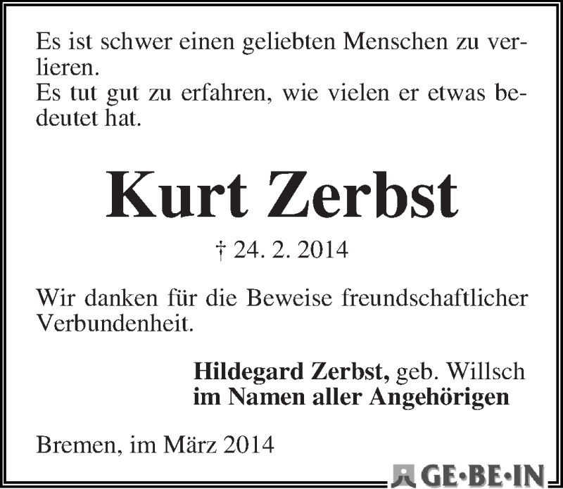 Traueranzeige von Kurt Zerbst von WESER-KURIER