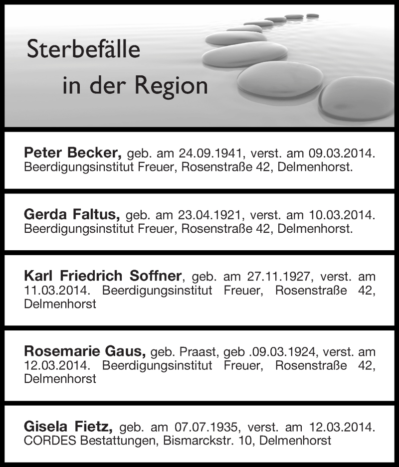 Traueranzeige von Sterbefälle 15.03.2014 in der Region Delmenhorst von Delmenhorster Kurier