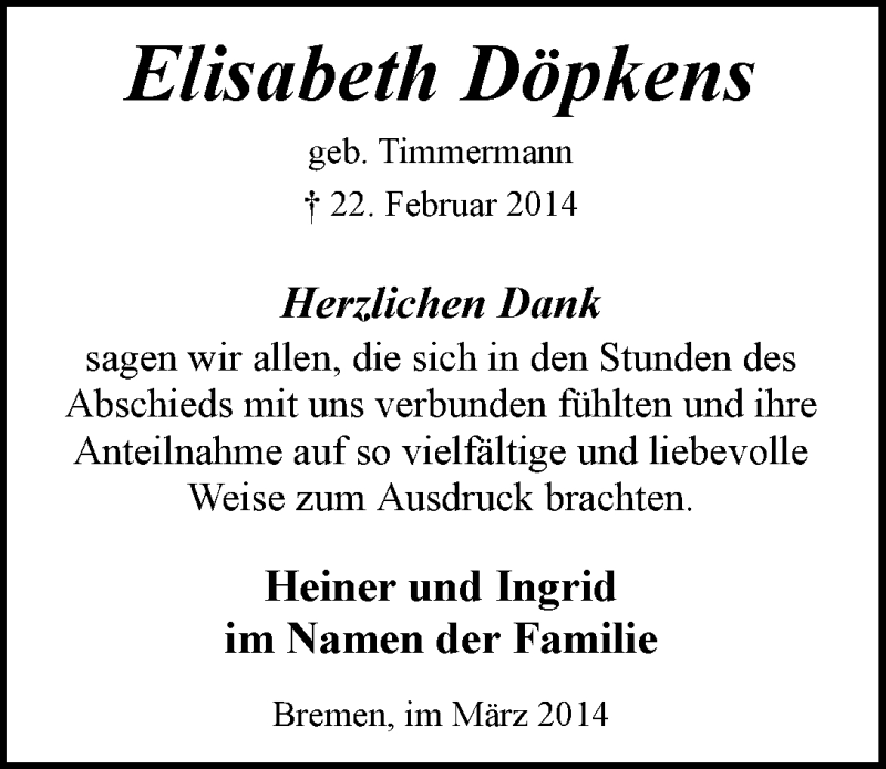 Traueranzeige von Elisabeth Döpkens von WESER-KURIER