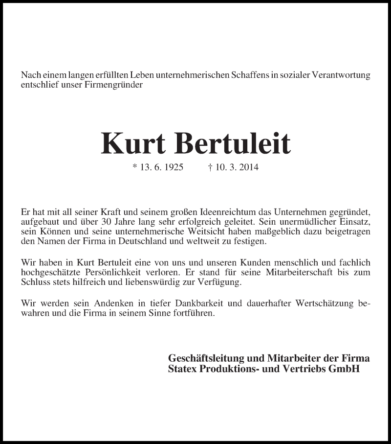 Traueranzeige von Kurt Bertuleit von WESER-KURIER