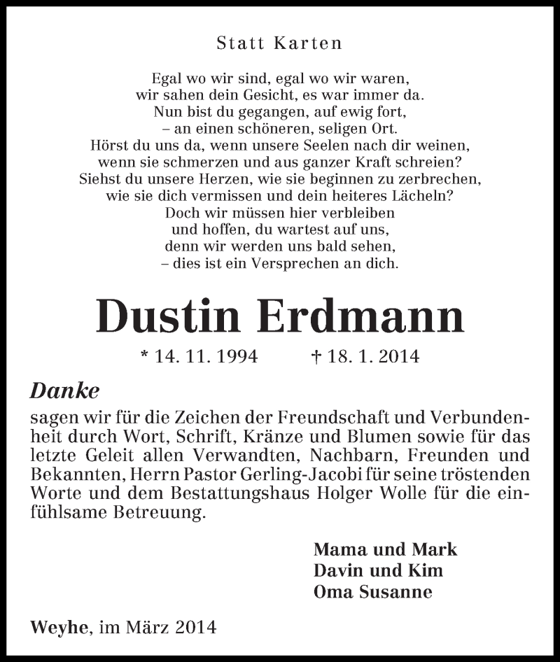  Traueranzeige für Dustin Erdmann vom 15.03.2014 aus Regionale Rundschau/Syker Kurier