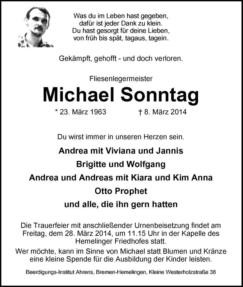 Traueranzeige von Michael Sonntag von WESER-KURIER