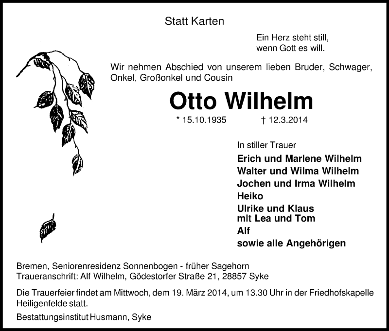 Traueranzeige von Otto Wilhelm von WESER-KURIER