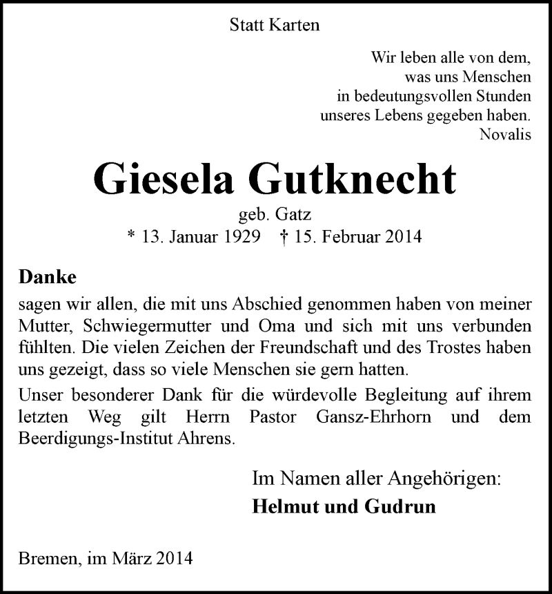 Traueranzeige von Giesela Gutknecht von WESER-KURIER