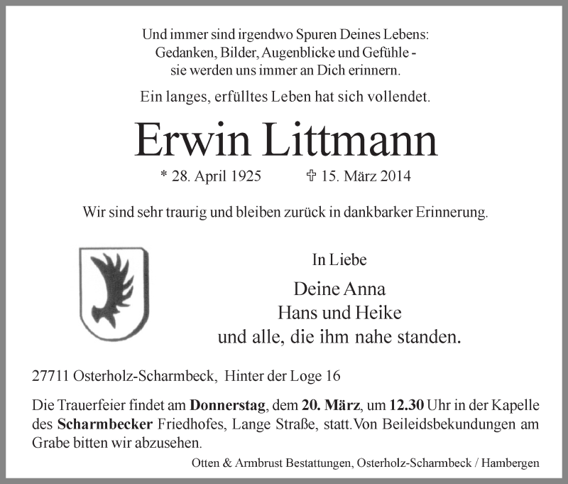 Traueranzeige von Erwin Littmann von Osterholzer Kreisblatt