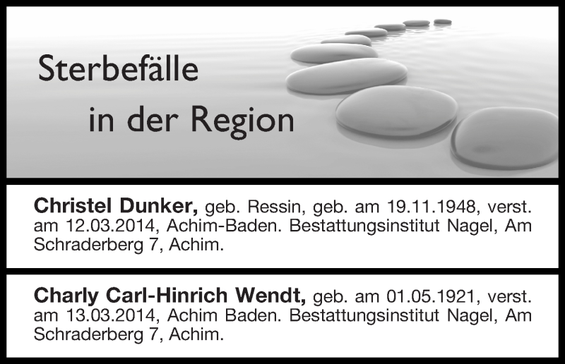 Traueranzeige von Sterbefälle 18.03.2014 in der Region Achim von Achimer Kurier/Verdener Nachrichten