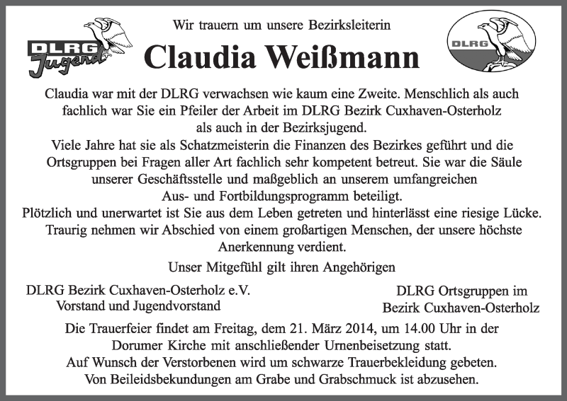 Traueranzeige von Claudia Weißmann von Osterholzer Kreisblatt