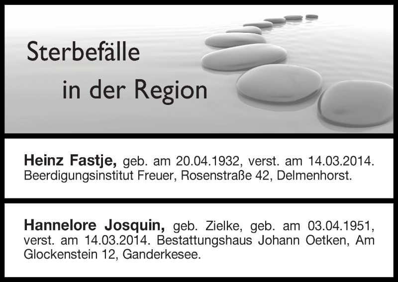 Traueranzeige von Sterbefälle 18.03.2014 in der Region Delmenhorst Ganderkesee von Delmenhorster Kurier