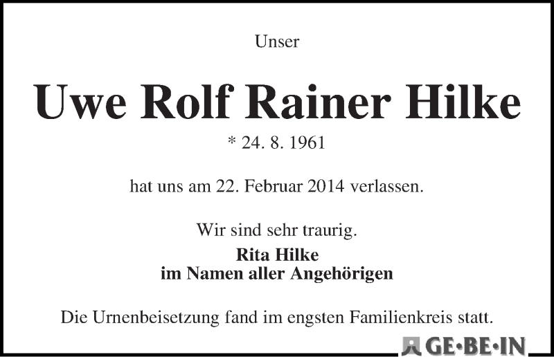 Traueranzeige von Uwe Rolf Rainer Hilke von WESER-KURIER