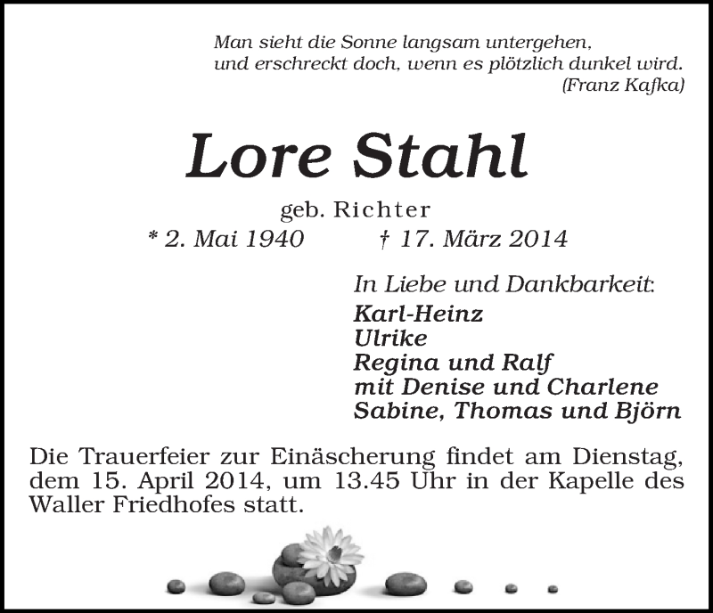 Traueranzeige von Lore Stahl von WESER-KURIER