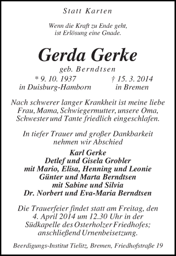 Traueranzeige von Gerda Gerke